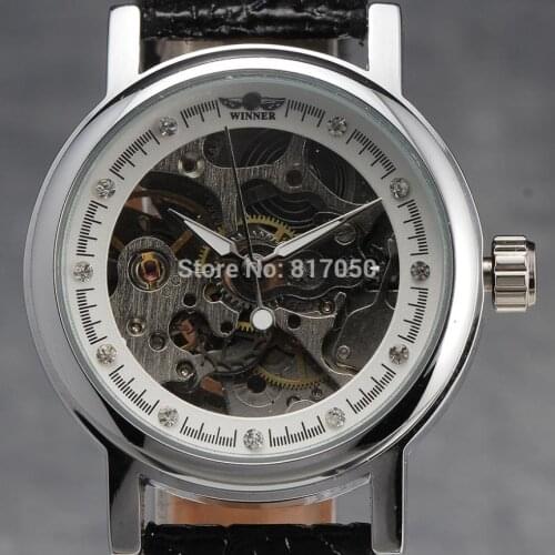 2016 New Fashion Winner Stylish Women Ladies Skeleton White Dial Leahter Strap Lovely Mechanical Self Wind Wrist Watch Best Gift