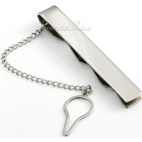 7mm Wide Smooth Silver color Tone Stainless Steel Slide Tie Clasp Clip Bar Pin w Chain