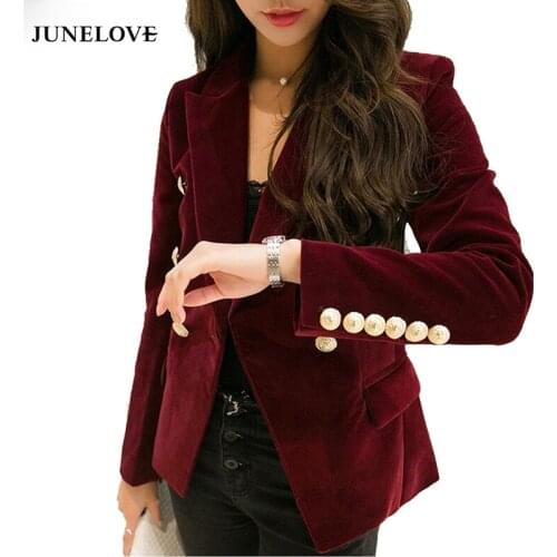 JuneLove Women Vintage Velvet Blazer Slim Long Sleeve Office Lady Blazers feminino OL Formal Work Suit Outwear Women Gold Button