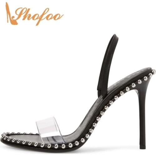 PVC Rivet Basic Sandals Black Solid Slip-on Super High Thin Heels Back Strap Leisure Fashion Concise Casual Mature 2021 Summer
