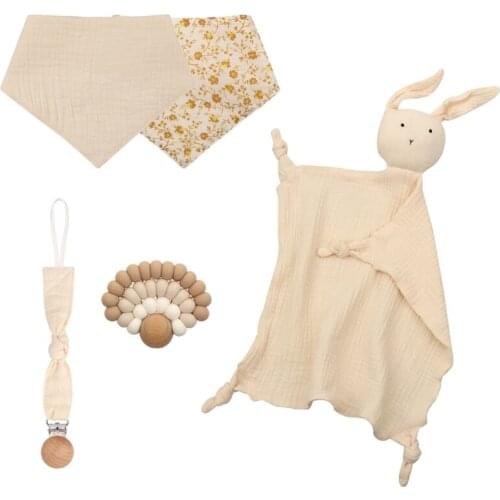 Baby Sleep Toy Soothe Appease Towel Set Double Sided Cotton Bib Wooden Teether Rattle Bracelet Toys Newborn Bath Gift