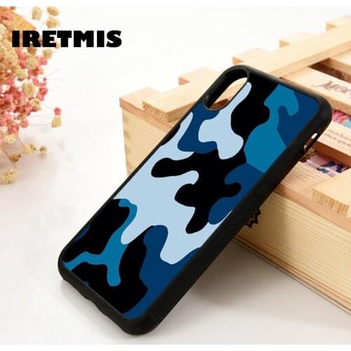 Iretmis 5 5S SE 6 6S Silicone Rubber Phone Case Cover for iPhone 7 8 Plus X Xs 11 12 MINI Pro Max XR Army camouflage blue print