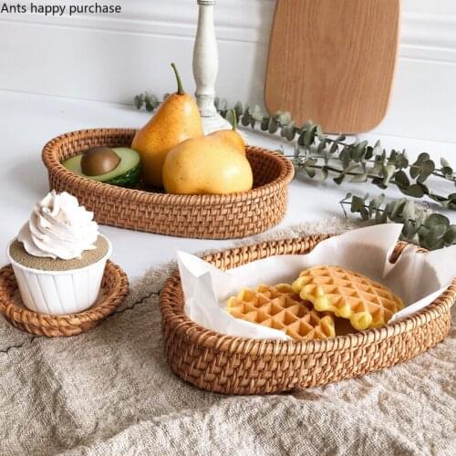Rattan Handmade Storage Basket Oval Food Bread Basket Home Use Plant Fibres Weave Organize Disk Kitchen Desktop Storage Baskets
