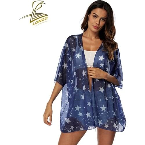 LONZO Fashion Five-point Sleeve Outdoor Sun Protection Clothing Womens Sexy Bikini Cover Up Chiffon tops LCP79