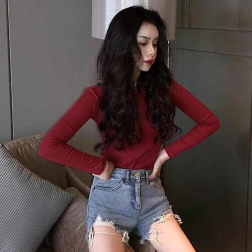 Solid Color Slim Womens Sexy Long-Sleeved T-Shirt Knitted Body Pure Color Shirts Lady Shirt Collar Round Neck Collar