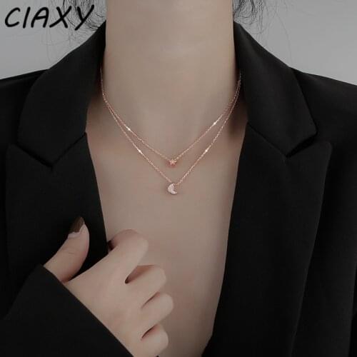 CIAXY 925 Sterling Silver Double-layer Zircon Star Choker Moon Necklace for Women Temperament Clavicle Chain Simple Jewelry