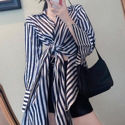 Korean Irregular Lace-Up Loose Striped Shirt Spring Autumn Womens Vintage Long Sleeve Single-Breasted Asymmetrical Blouse Tops