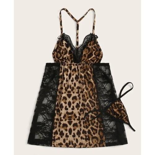 Sexy Lingerie Large Size Sling Leopard Lace See-through Backless Womens Nightdress One-piece Fitness Clothing Body Suit