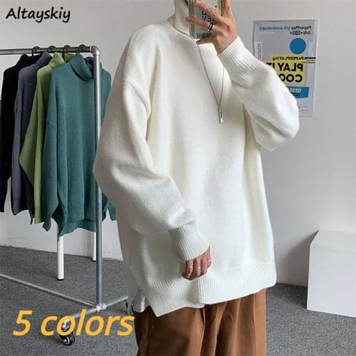 5 Colors Sweaters Women Unisex Couple Solid Loose Simple Side Slit Turtleneck Japanese Style Female Pullovers Harajuku Popular