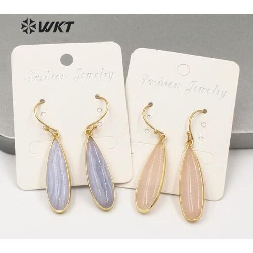 WT-E636 Amazing Color natural stone dangling earrings teardrop shape gold color bezel women earrings as women gift
