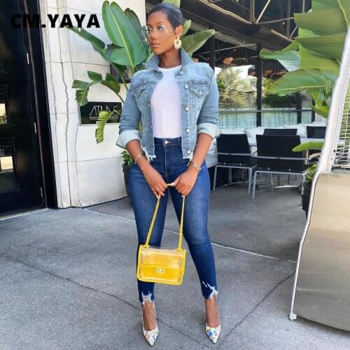 CM.YAYA Women Denim Coat Solid Full Sleeve Turn-down Collar Single Breasted Straight Short Jackets Fashion Streetwear Autumn