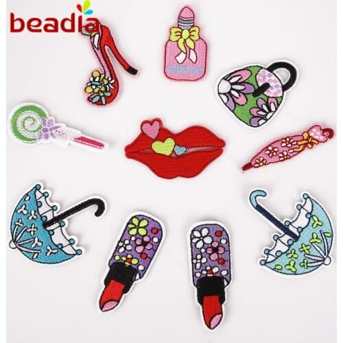 10 Pcs/set Shape Of Bag/High Heels/Etc Patches Iron On Embroidered Sequin Appliques Badges Sticker For DIY Clothing Accessories