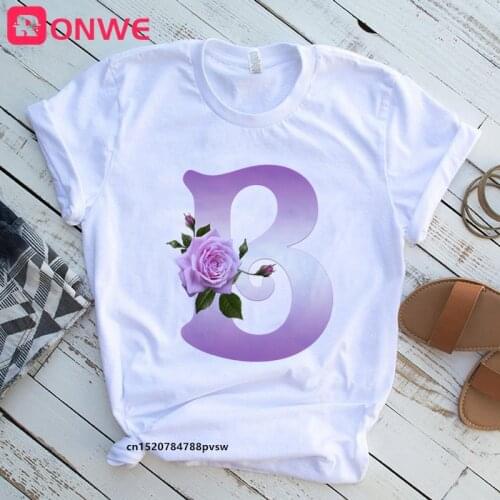 Womens Custom Name Rose Letter Combination Printing T-shirt Flower Letter Font A B C D E F G Short sleeve Tshirt,Drop Ship