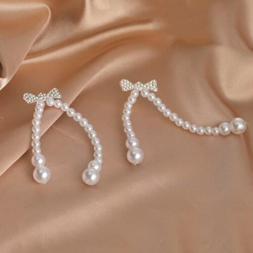 Silver Bow Rhinestone White Beaded Pearl Stud Earrings Women Earrings Fashion Accessories Girl Gifts Valentine For Friends