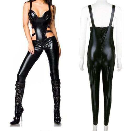 Women Vinyl PVC Lingerie Wetlook Jumpsuit Cut Out Open Crotch Zip Black Shiny Leather Bodysuit Catsuit Mistress Fetish Costume