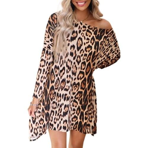 2021 spring and summer European and American womens short sleeve leopard print long sleeve round collar loose casual dress
