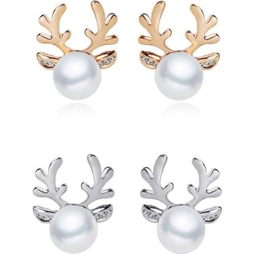 1Pair Women Xmas Gift Elegant Jewelry Christmas Pearl Deer Necklace Earrings Reindeer Ear Stud