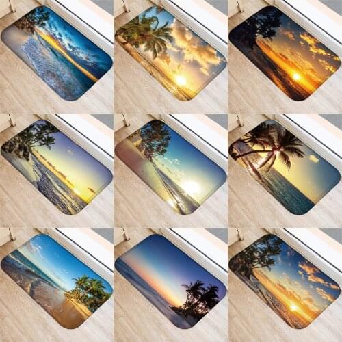1 Pcs Beach Sea Style Printing Doormat Flannel Fabric Coconut Tree Beach Floor Mat Non-slip Mat Door Mat vloermat felpudo