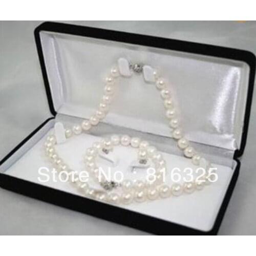 Free shipping 8-9MM White real natural Pearl Necklace Bracelet Earring Set (A0513)