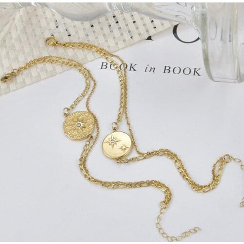 Stainless Steel Layered Gold Color Chain Bracelet Round Charm Engraved Star Eye Sun Womens Hand Bracelet Gift pulseras mujer