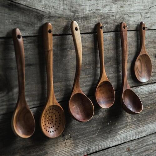 Wood Tableware Spoon Ladle Natural Wooden Shovel Rice Colander Soup Skimmer Cooking Spoons Scoop Photography Kitchen Tools Set