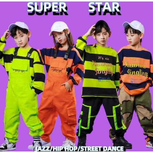 Kids Fluorescent Green Top Overalls Childrens Day Clothes Boys Jazz Dance Wear Girls Cool Hip Hop Dance Costumes XS1376