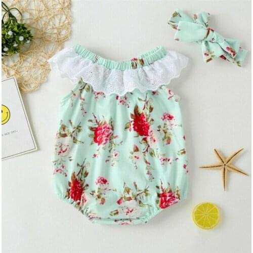 Newborn Kid Baby Girl Clothes Lace Floral Romper+Headband Summer Outfit Toddler Off Shoulder Rompers 0-24M
