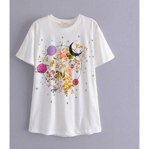 Summer ladies white T-shirt flower print T-shirt casual loose all-match top