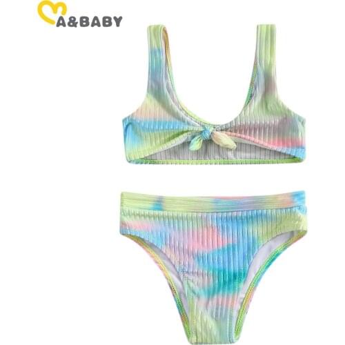 Ma&Baby 6-13Y Summer Children Kid Girls Bikinis Set Tie-dye Print Bow Crops Top and Bottoms Child Swimsuit Beachwear