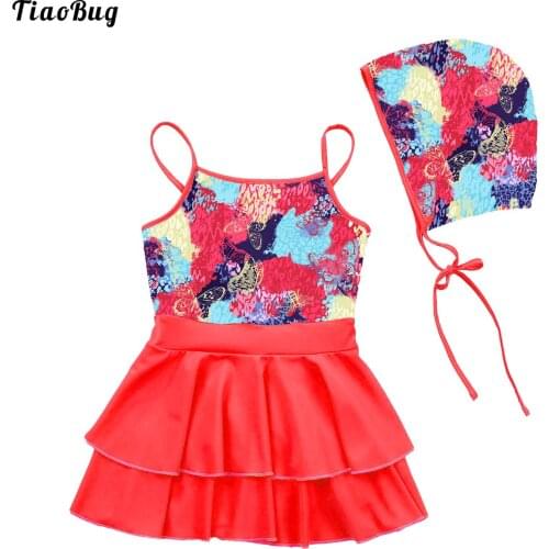 TiaoBug Fashion Summer Kids Girls Sleeveless Layered Swimming Dress With Hat Beach Bathing Pool Swimwear Swimsuit