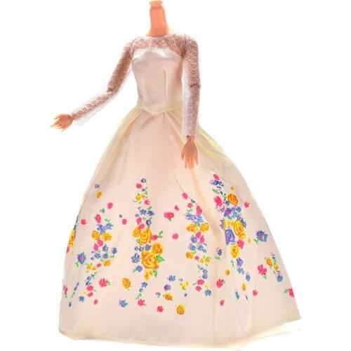 New 1Pcs Fashion White Lace Flower Print Doll Dress Handmake Wedding Dress Clothing Gown For Bar-bie Doll Clothes Wholesale