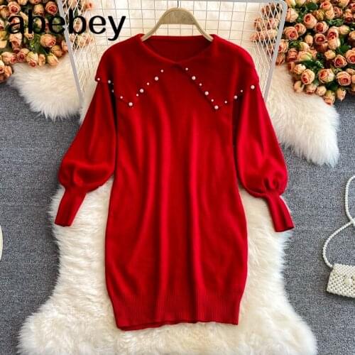2021 New Spring Autumn Fashion doll collar Lantern Sleeve Dress beaded decoration high waist solid color loose leisure Dress