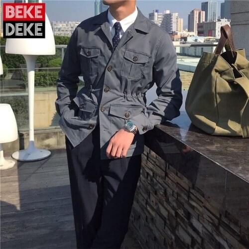 New Mens Gentleman Casual Jackets Turn-Down Collar Single Breasted Pockets Adjustable Waist Fashion Vintage Korean Style Coat