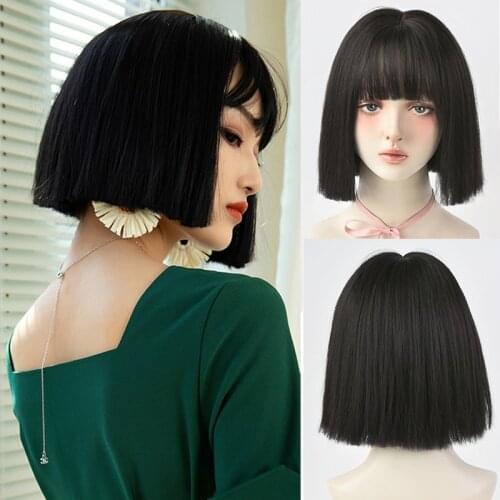 Short Bob Wig With Air Bangs Straight Synthetic Heat Resistant Fiber Black Blonde Chocolate Costume Wigs Cosplay Wig 12 18 Inch