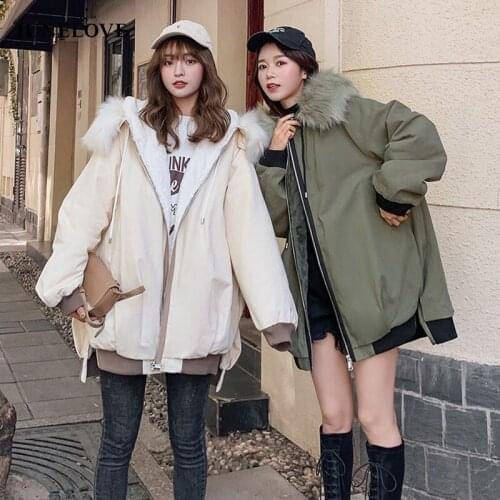 JuneLove 2021 Women Winter Thick Warm Casual Down Coats Female Fur Collar Hooded Fashion Parkas Lady Korean Solid Outerwears