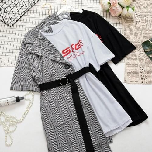 2020 Summer Patchwork T shirt Dress Women Vintage Short Sleeve Black White Dress with Sashes Party Elegant Dress vestidos robe