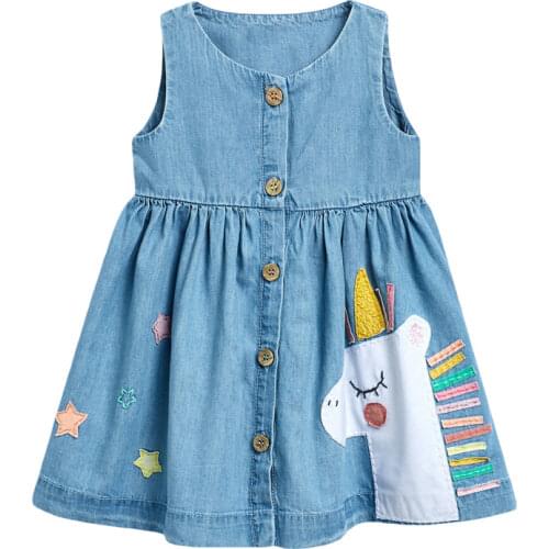 Frocks for Girls 2021 Summer Baby Girl Clothes Unicorn Denim Color Sundress Toddler Pinafore Sleeveless Dress for Kids 2-7 Years