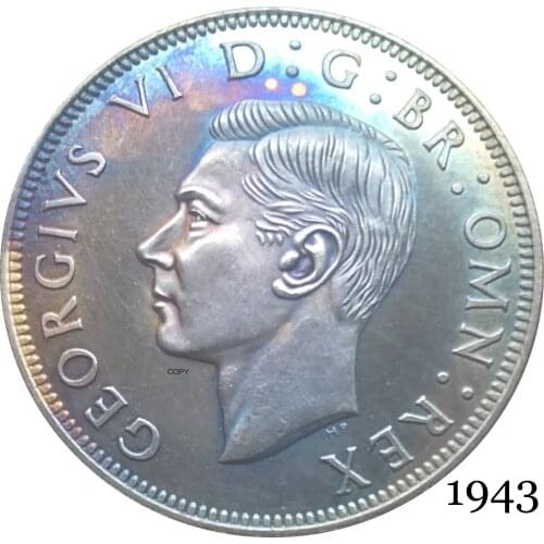 United Kingdom 1943 KG 1/2 Half Crown King George VI Left Sixth Great Britain British HP Silver Plated Copy Coin Reeded Edge