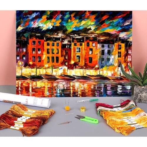 Portino Liguria, Italy Printed Fabric 11CT Cross Stitch Full Kit DIY Embroidery DMC Threads Handicraft Knitting Magic