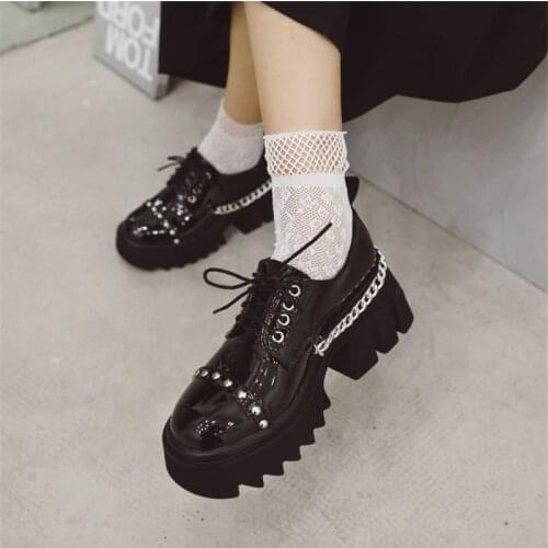 PXELENA Drop shipping Plus Size 35-43 Women Platform Creepers Metal Chain Rivet Chunky High Heels Shoes Thick Sole Oxfords Lady