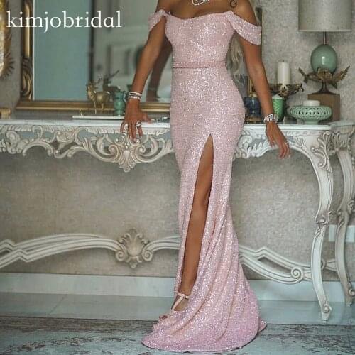 Pink prom dresses 2019 off the shoulder side slit sequins sparkly evening dresses abiti da cerimonia da sera