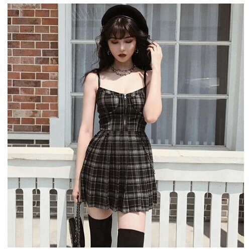Ruibbit Spring Autumn Preppy style Gothic Girls Sexy Sling Dress Grey Balck Pleated Plaid Women Sleeveless Mini Short Dresses