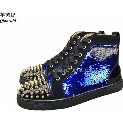 Qianruiti Men Glitter Bling high -top Sneakers Gold Rivets Shoes Platform Flat Casual Shoes Sneakers Ankle Boots Lace Up Shoes