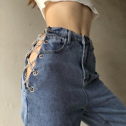 TVVOVVIN Hot Girl Chain Jeans Women 2021 Sexy High Waist Straight Wide Leg Pants Fashion Design Hollow Out Cowboy Pant 3PK7
