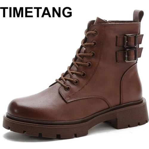 TIMETANG Brand Handmade Retro Women Boots 2021 Autumn Round Toe 100% Genuine Cow Leather Thick Heel Ankle Martin Boots Female