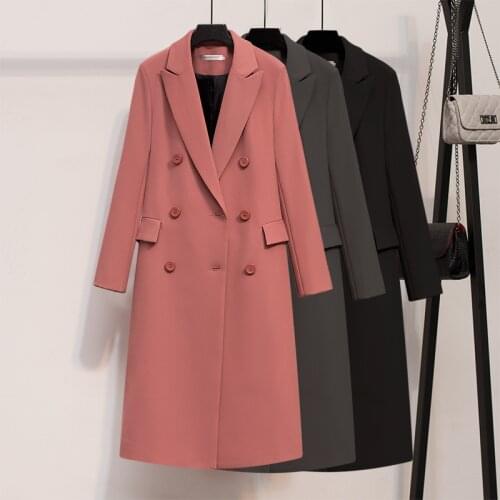 Large Size Womens Double-breasted Suit 2021 New Autumn and Winter Long Office Temperament Ladies Jacket Coat