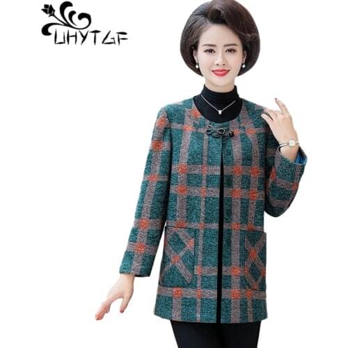 UHYTGF Womens Trench Coat Fashion Plaid Elegant Mother Spring Windbreaker Temperament Female Casual 5XL Plus Size Outerwear 1494