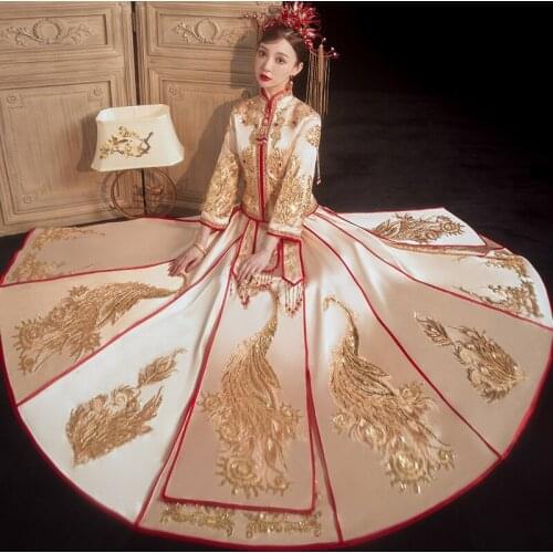 Women Oriental Phoenix Exquisite Sequins Bling Party QiPao Luxury Ancient Royal Chinese Style Wedding Dress Bride Cheongsam