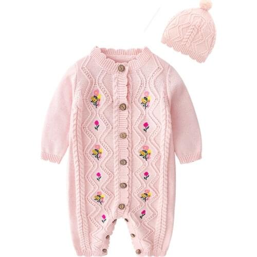 2Pcs Baby Girl Jumpsuit Spring/Autumn Knitted Girls Woolen Romper Pink Floral Embroidered Jumper Hat Newborn Sweater Onesie