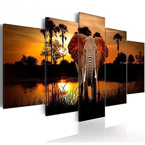 Animal diy diamond painting African Elephant diamond embroidery Scenery full Square round drill Home decor,5 Panel A2253